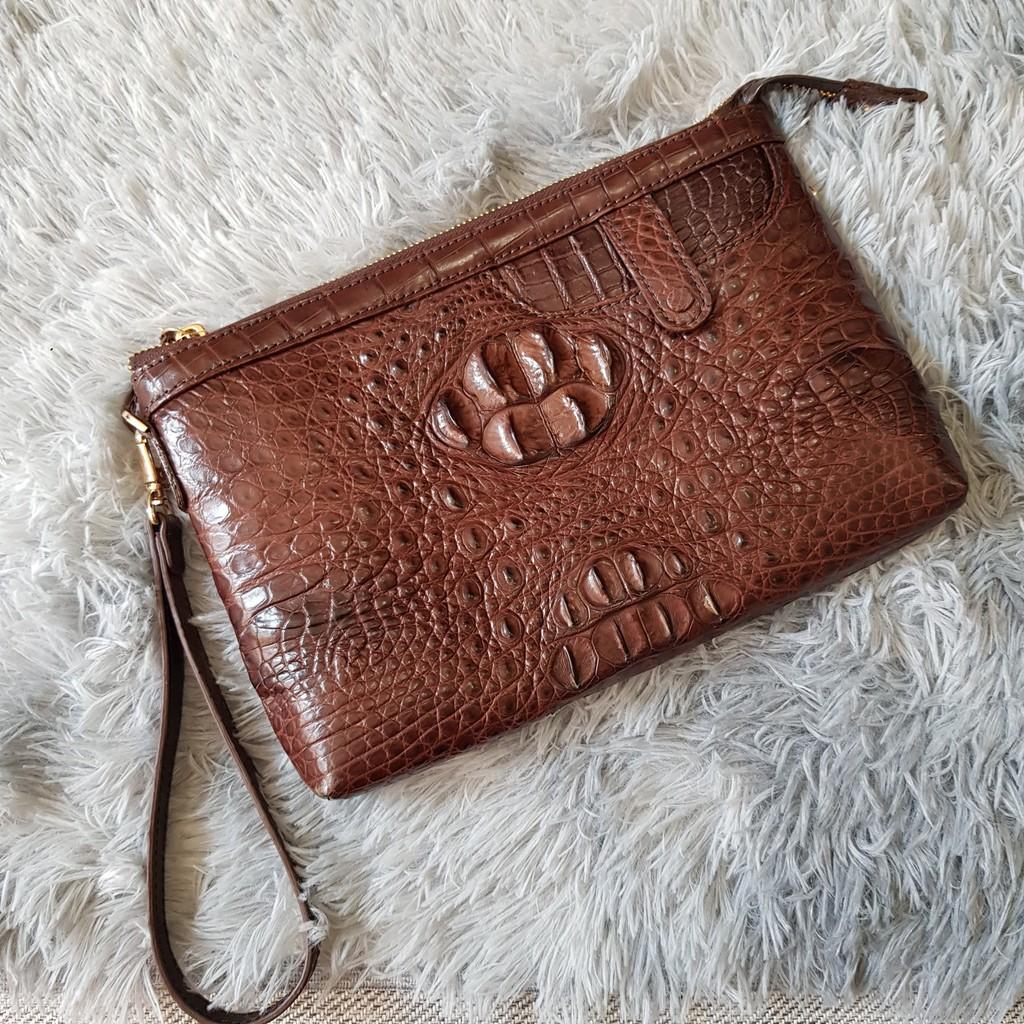 Ví Cầm Tay Cá Sấu | Ví Clutch Da Cá Sấu Da Gù To | Màu Nâu Cafe | Da Nguyên Tấm