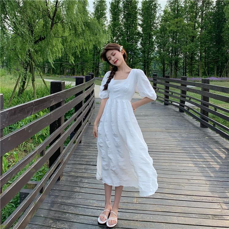 Váy Trắng Cổ Vuông Tay Bồng Cho Nữ