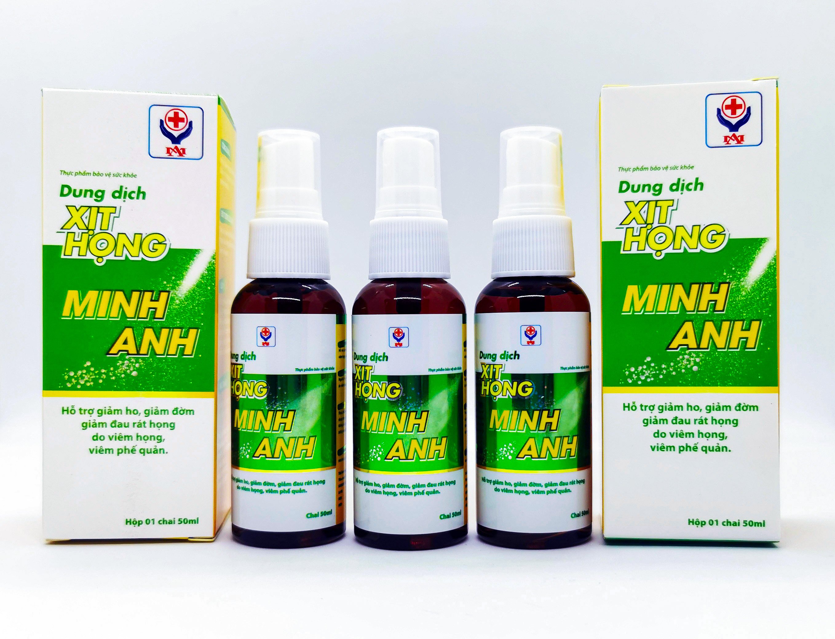 TPBVSK Dung Dịch Xịt Họng Minh Anh: Hỗ trợ giảm ho, đờm, đau rát họng do viêm họng, viêm phế quản.