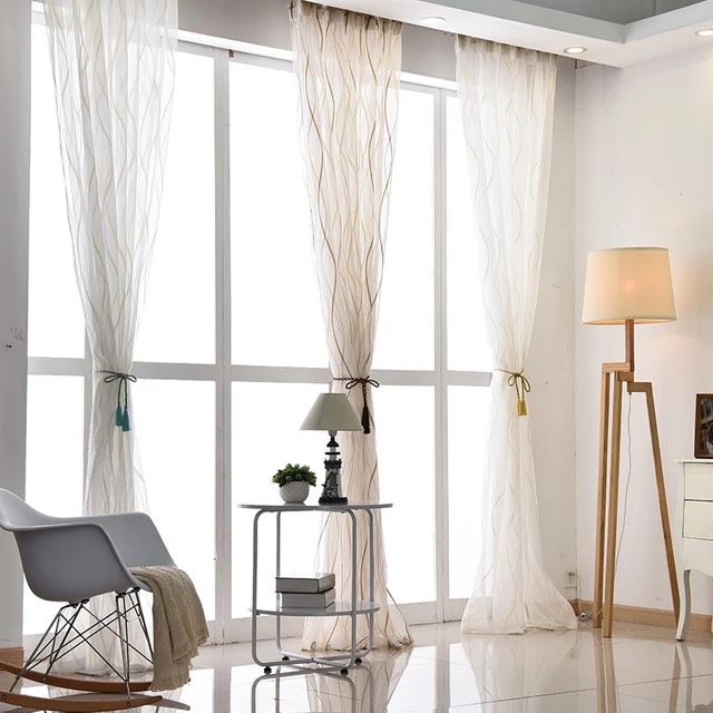 Rèm Vải Voan Họa Tiết Sóng Sọc Nhẹ Nhàng Hiện Đại – Trang Trí Décor Phòng Khách (Rèm Vải Voan Loại 1) 1.8M - 3M