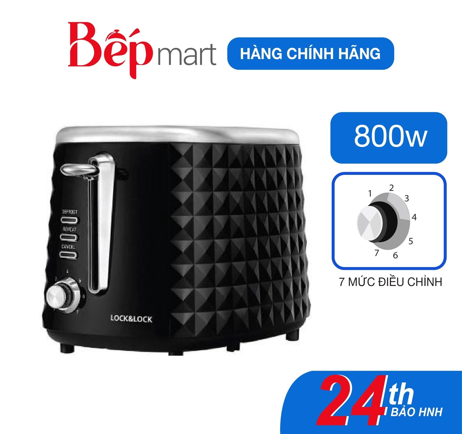 Máy nướng bánh mì LocknLock EJB222BLK , 7 mức độ điều chỉnh, nướng và hâm nóng - Hàng chính hãng