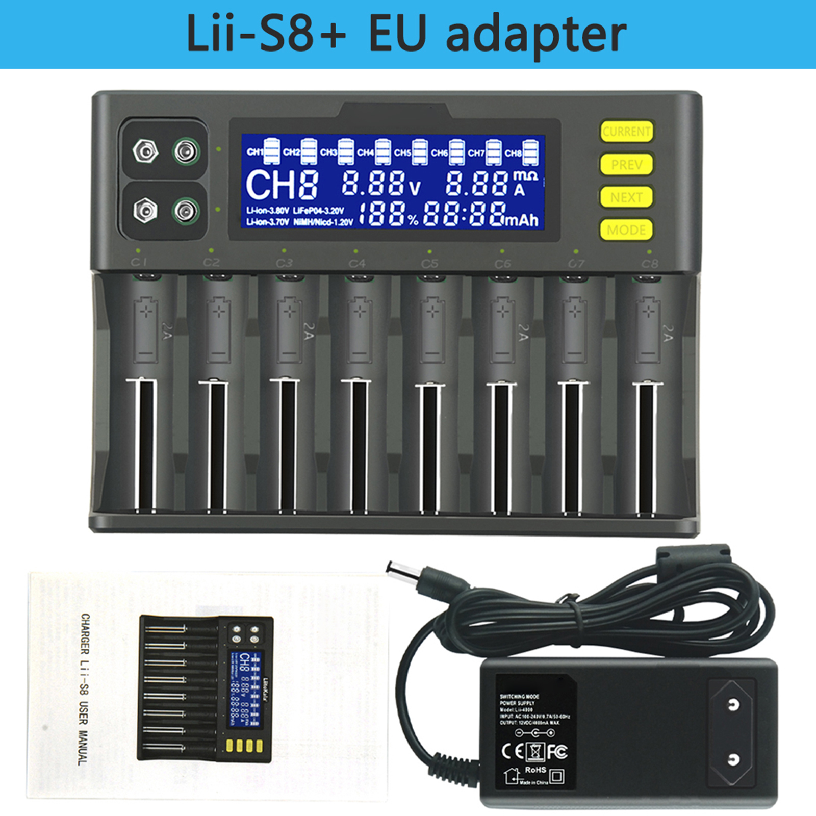 Bộ sạc pin LiitoKala lii-S8 Li-ion 3.7V NiMH 1.2V Li-FePO4 3.2V IMR 3.8V sạc cho 18650 26650 21700 26700 AA AAA