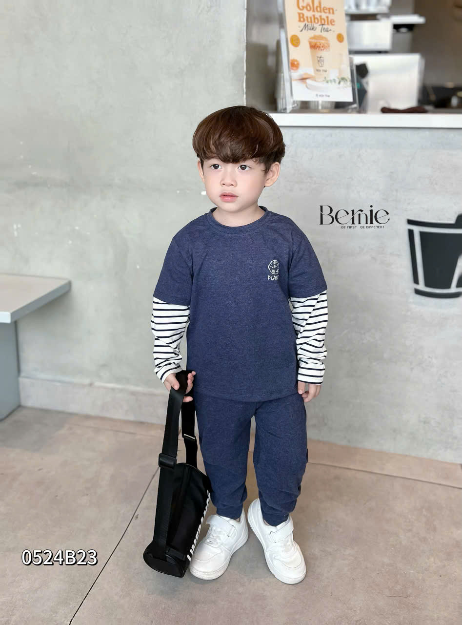 Bộ dài tay bé trai 1-7 tuổi chữ PLAN phối kẻ dáng thời trang thoáng vải co giãn thấm hút mồ hôi