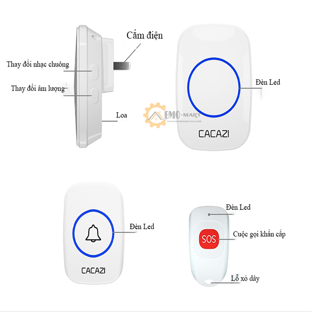 Chuông không dây Cacazi SOS, Chuyên dụng cho người già, bệnh nhân, người cần chăm sóc đặc biệt...