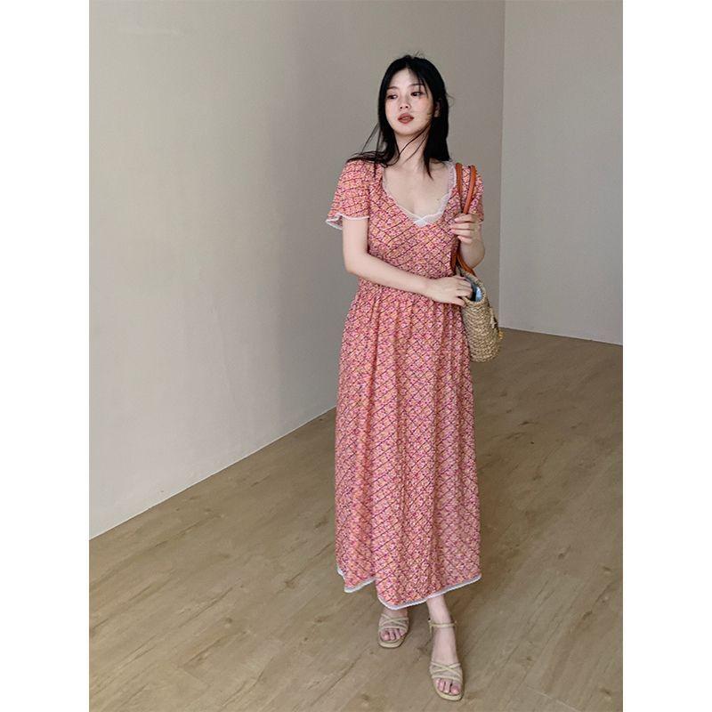 CHENGRUI Cùng ngày vận chuyển Vintage hoa vỡ trà nghỉ ăn phụ nữ 2023 mùa hè sexy khí chất váy dài trung bình