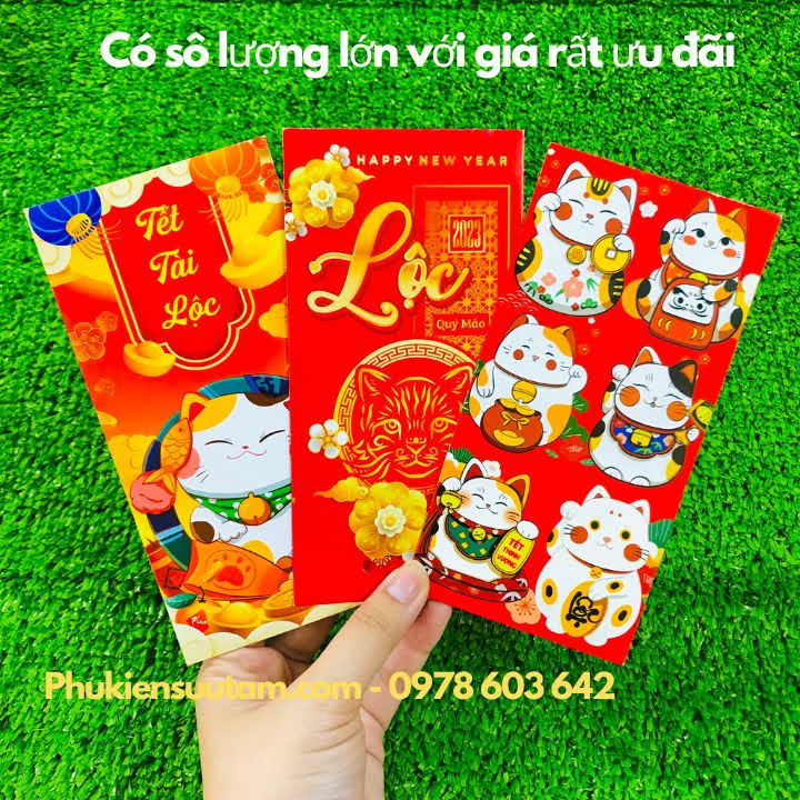 Combo 10 Bao Lì Xì Tết Con Mèo 2023, kích thước: 16cmx8cm, màu đỏ - SP000365