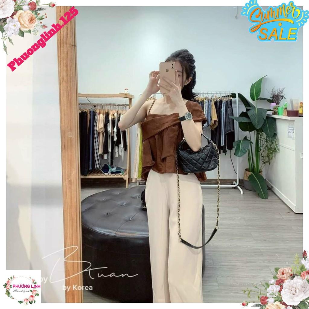 SET BỘ ÁO NÂU DÂY LỆCH VAI+ QUẦN BE
