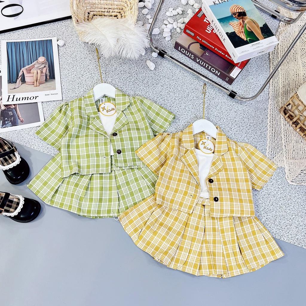 Set váy giả vest bé gái kẻ caro 3 chi tiết áo, chân váy xếp ly và áo quây sợi bún XHN1025