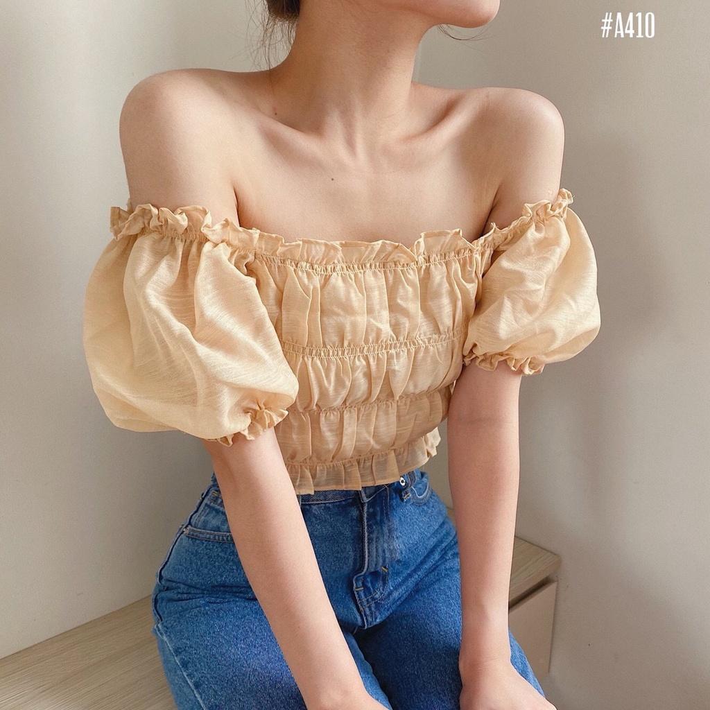 Áo croptop ánh kim trễ vai tay phồng có 2 màu freesize mặc được 2 kiểu