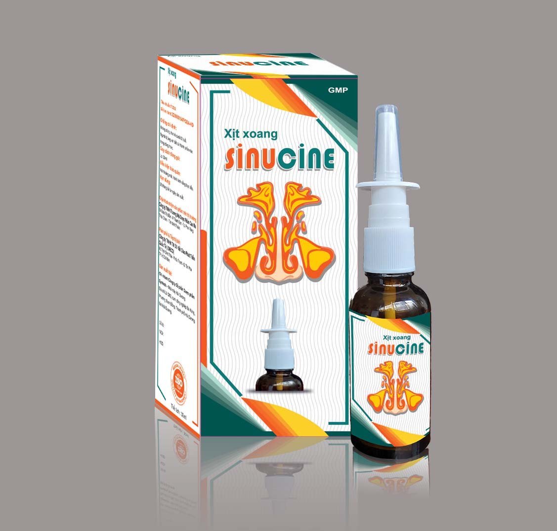 Xịt Xoang Sinucine - " Hỗ trợ làm sạch khoang mũi. Hỗ trợ ngừa khuẩn, kháng viêm và làm giảm triệu chứng sổ mũi, ngạt mũi, viêm VA, viêm xoang và viêm mũi dị ứng. Giúp khoang mũi thông thoáng dễ thở"