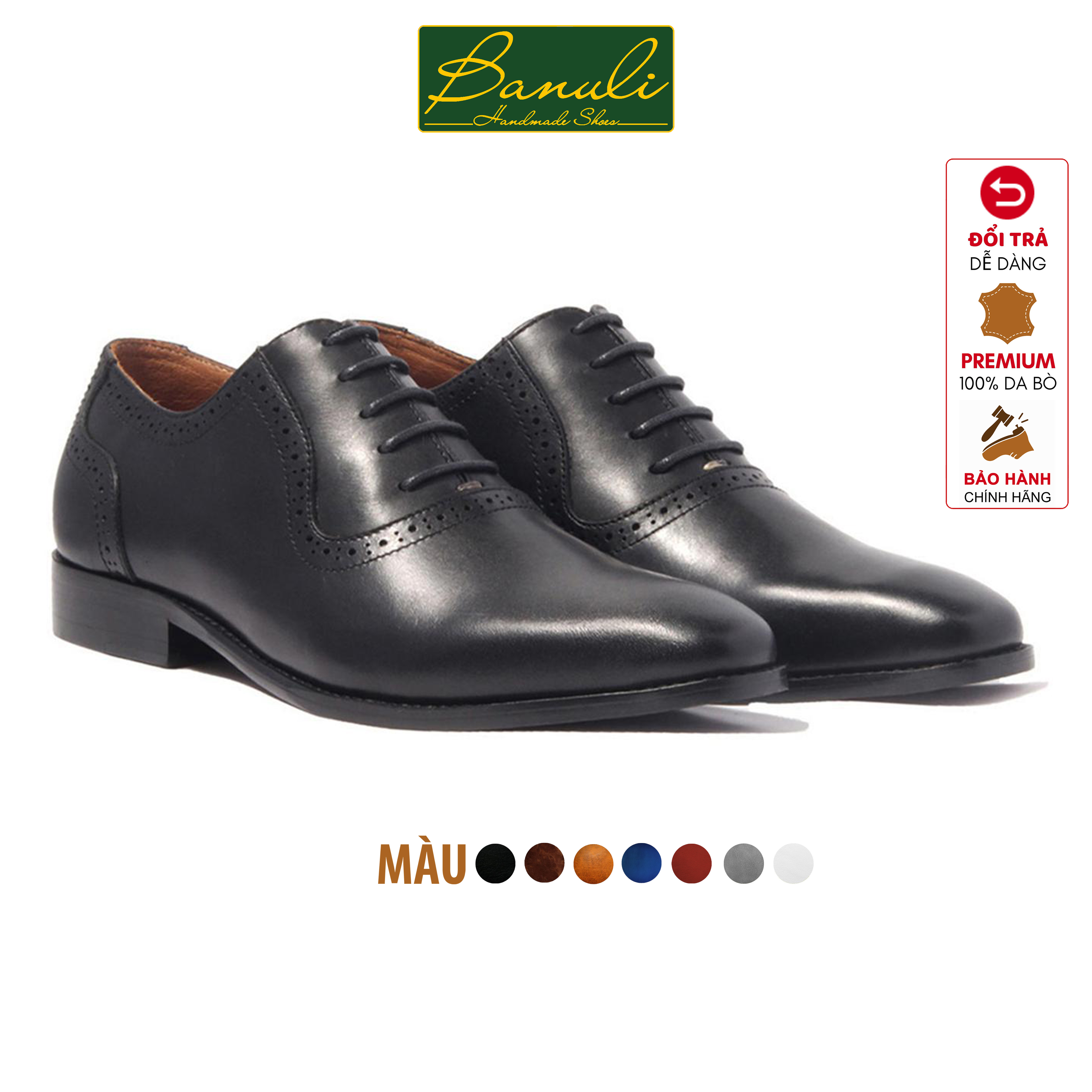 Giày Tây Nam Công Sở Banuli Da Bê Italian Dây Buộc Plan Toe Oxford H1PO3 (Da Veg Itali Mềm Dẻo, Đế Siêu nhẹ, Bảo Hành Trọn Đời)