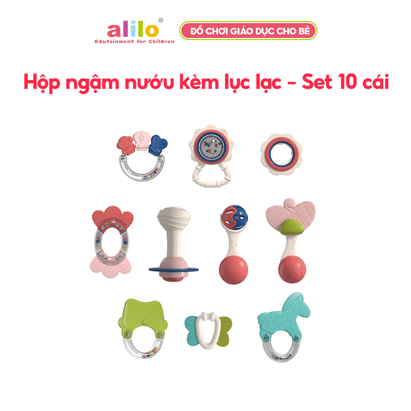 Hộp ngậm nướu kèm lục lạc cao cấp hỗ trợ phát triển răng miệng cho bé Alilo Rattles Teether Set 10PCS/SET C1-10 - Hàng chính hãng - An toàn chất lượng quốc tế