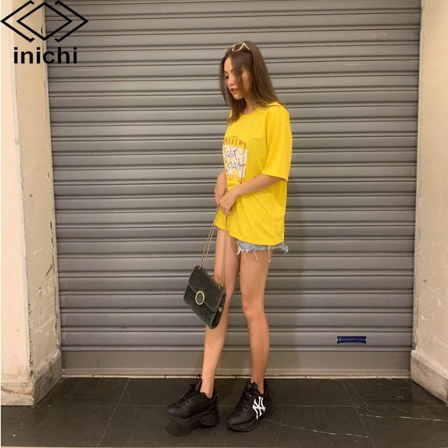 Áo thun tay lỡ INICHI phong cách Unisex nam nữ cá tính - in chữ BEACH - A658 màu vàng