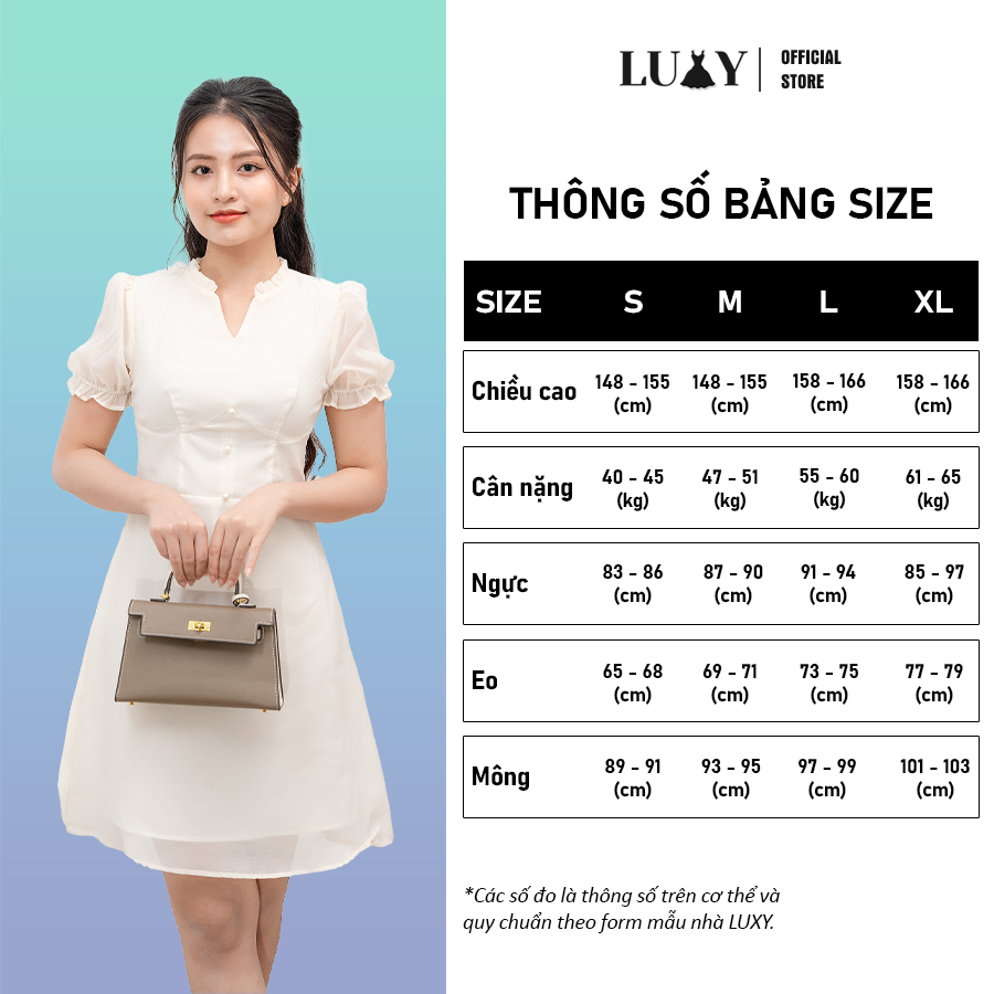 Đầm tiểu thư cổ V tay phồng dáng ôm LUXY V153 đủ size từ 42kg - 65kg