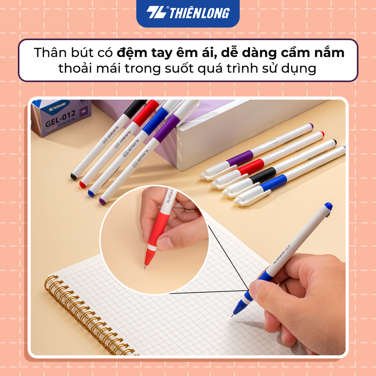 Combo 5/10/20 Bút Gel Thiên Long GEL-012 ngòi 0.5mm mực xanh đỏ đen tím có đệm cầm tay mềm đầu bi cao cấp