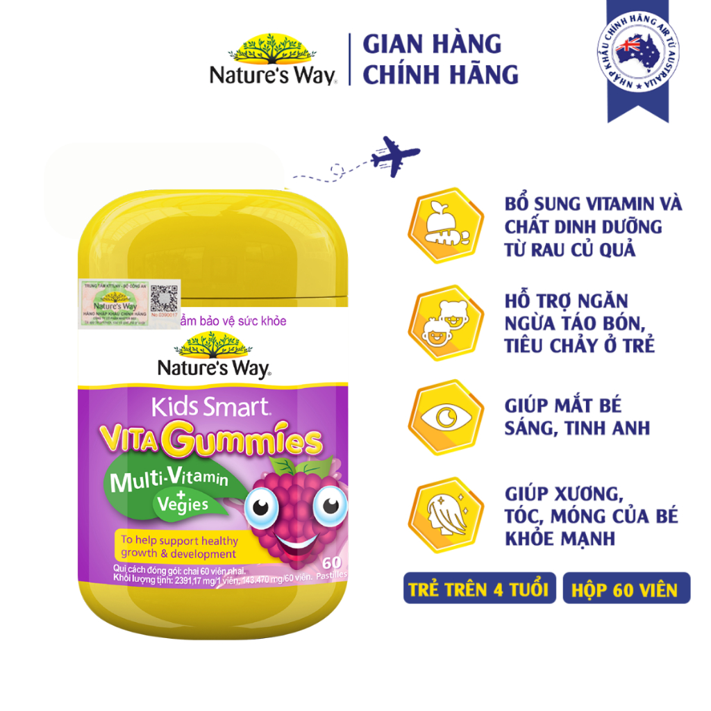 Kẹo Dẻo Vi Chất Vitamin Cho Bé Nature's Way Vita Gummies MultiVitamin+Vegies Bổ Sung Vitamin Và Chất Xơ Cho Bé Hộp 60v