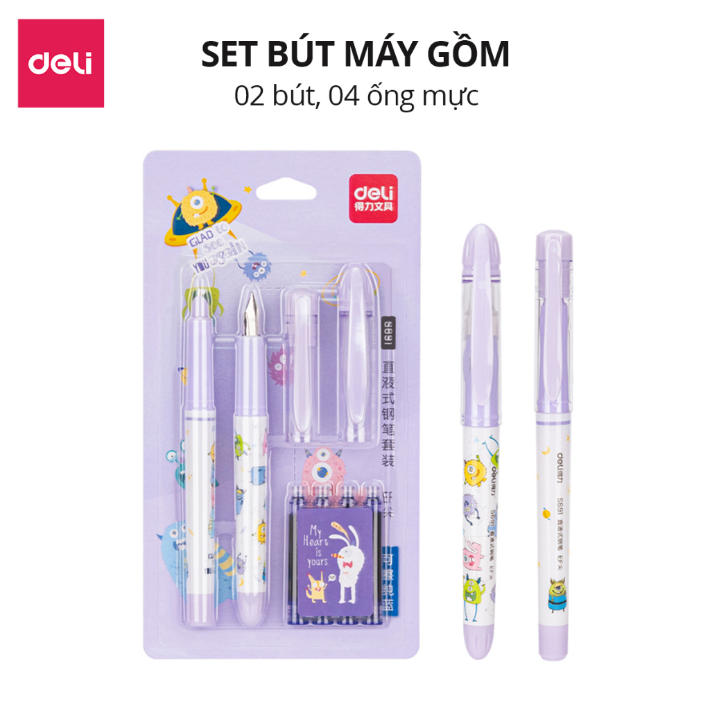 Set 2 bút máy học sinh kèm ống mực xanh cao cấp Deli, bút luyện viết chữ đẹp, tập viết chính tả họa tiết dễ thương