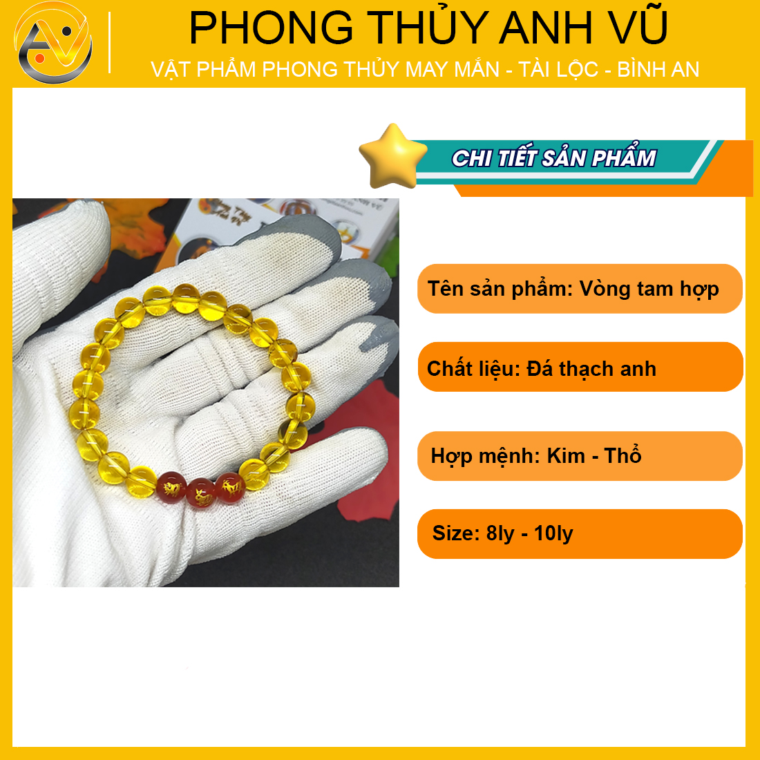 Vòng thạch anh vàng tam hợp hợi mão mùi - size 8 10ly cho nữ - may mắn tài lộc - Vòng Tam Hợp Anh Vũ