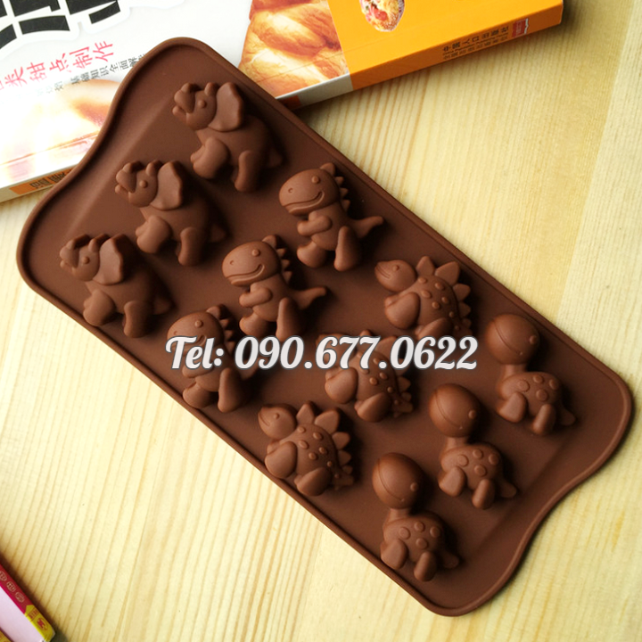 Khuôn silicone làm bánh, rau câu, socola, kẹo dẻo 12 con khủng long – Mã số 1566