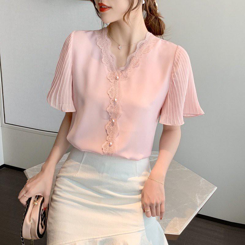 Áo sơ mi cổ v tay cánh tiên-áo sơ mi nữ điệu đà