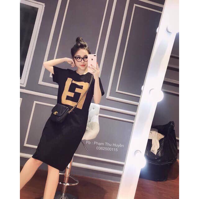 Đầm suông chất cotton co dãn in chữ ff cổ tròn freesize dáng dài