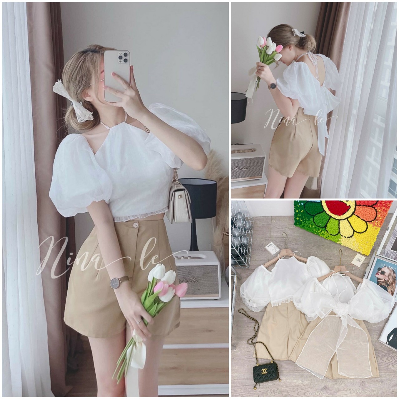 Set bộ đồ nữ áo yếm tay bồng vải tơ kèm quần short đùi chất đẹp thoáng mát