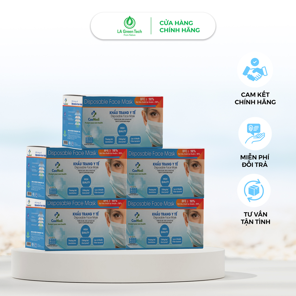 COMBO 5 HỘP Khẩu trang y tế CAEMEDI 4 lớp Xanh cao cấp, kháng khuẩn, lọc bụi bẩn đạt chuẩn BFE, FDA xuất khẩu Châu Âu - Hộp 50 cái