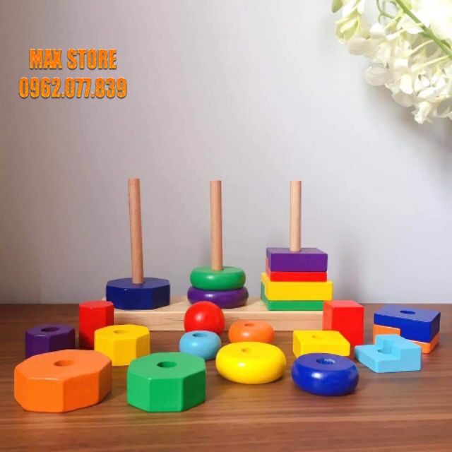 Tháp Xếp Chồng 3 Cọc Bằng Gỗ Các Hình Khối