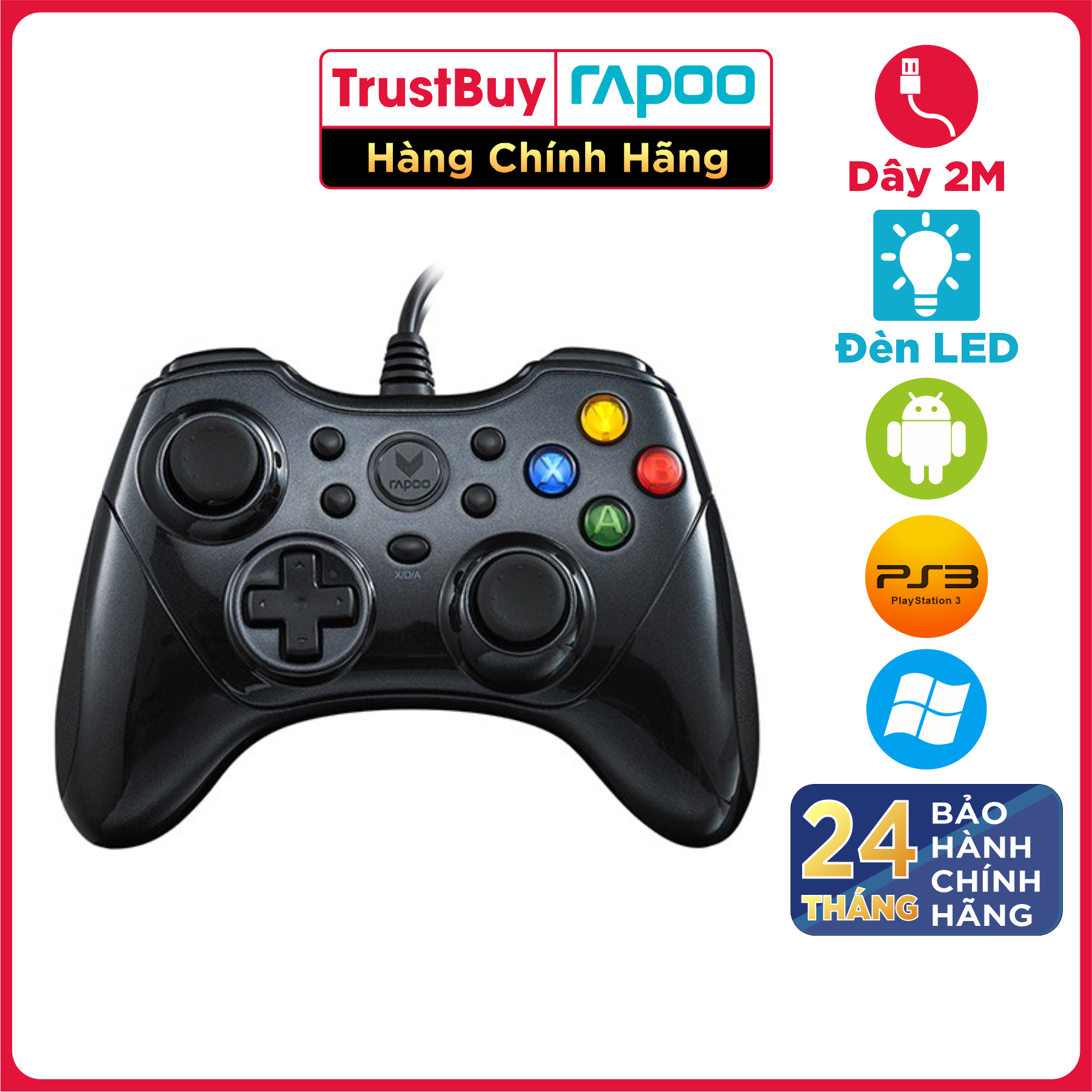 Tay Cầm Chơi Game RAPOO Dây Cắm USB Tương Thích PC, Laptop, PS, XBOX, Android - V600 - Hàng Chính Hãng