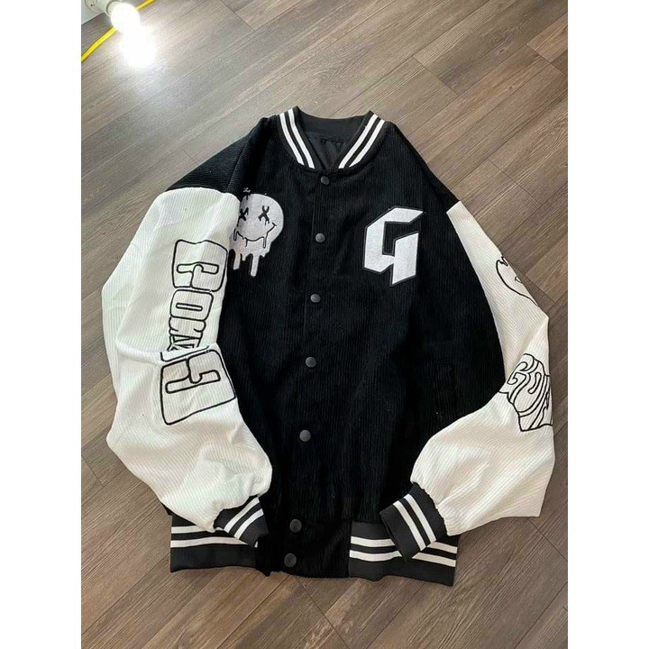 Áo Khoác Bomber Nhung Gân Unisex Mặt Cười Chữ G Nam nữ Thu Đông- Nhung 2000 Kiểu Rộng Ulzzang Couple Jackets Rẻ Đẹp