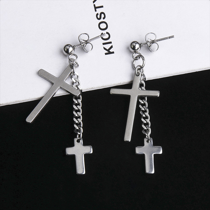Bông tai khuyên tai idol 2 hình chữ thập sợi mắt xích style Unisex Hàn Quốc