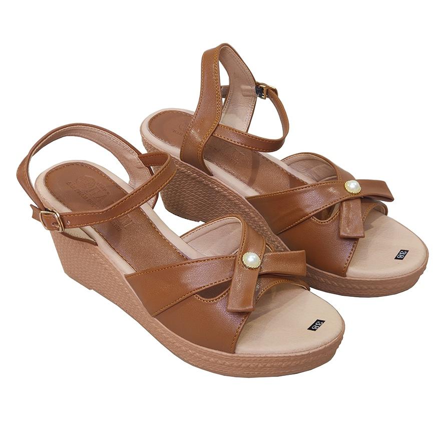 Giày Sandal Nữ Đế Xuồng TiTi ĐÔ Da Bò Thật Cao Cấp 7cm DNU2146b