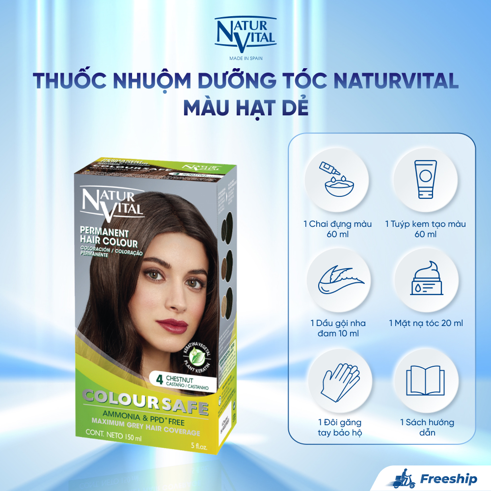 Thuốc Nhuộm Dưỡng Tóc NaturVital Colour Safe Permanent Hair Dye Chiết Xuất Lúa Mì & Đậu Nành, Giúp Làm Mới, Giữ Màu, Mang Đến Độ Mượt Bồng Bềnh - Màu Hạt Dẻ