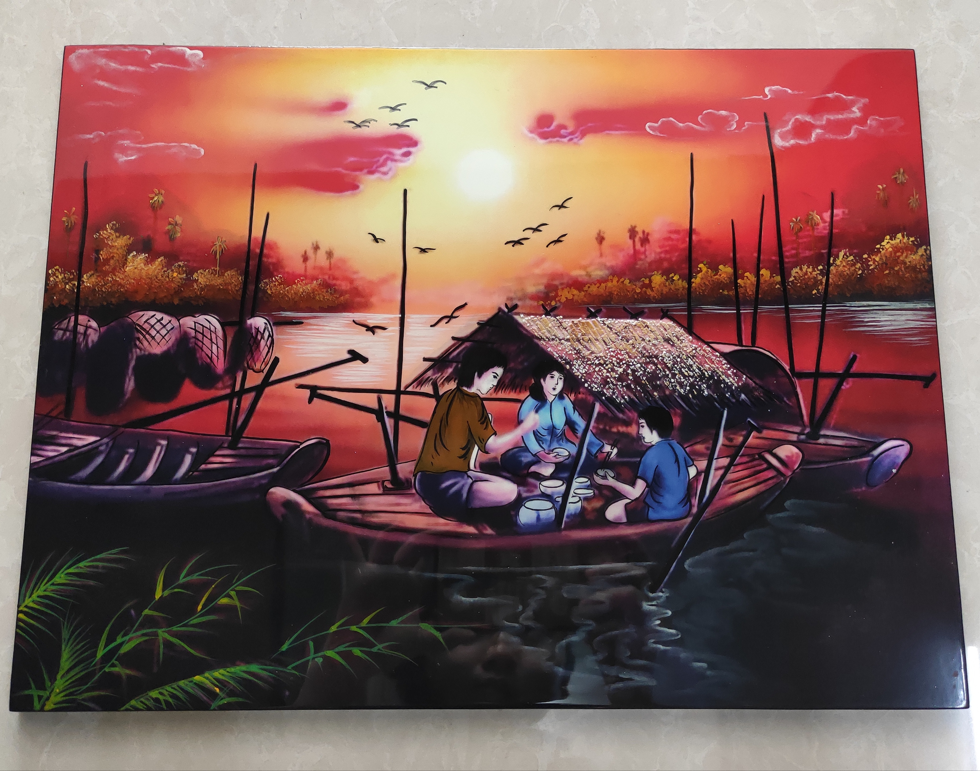 Tranh sơn mài đồng quê vẽ màu đẹp Thanh Bình Lê, hàng xuất khẩu 30x40 cm