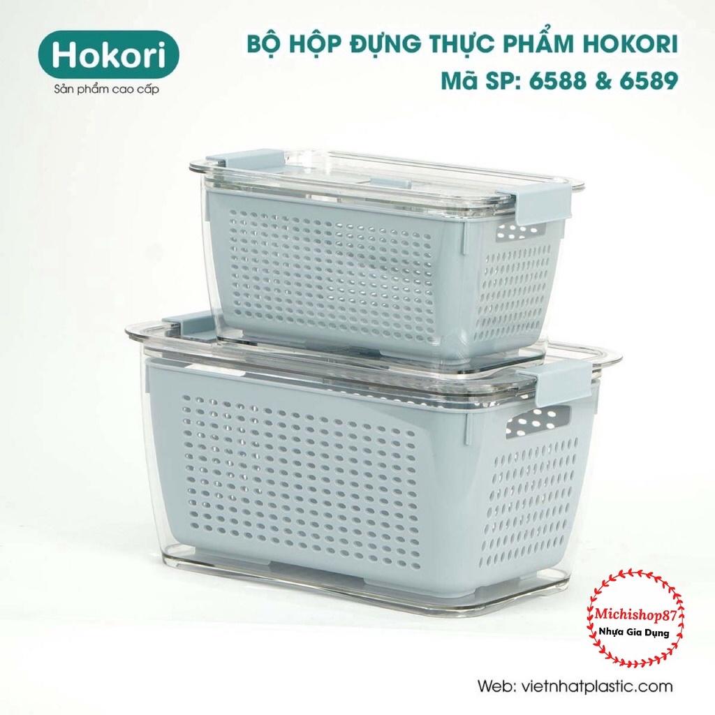 Hộp Đựng Thực Phẩm 2 Lớp Hokori Cao Cấp Nhựa Việt Nhật, Hộp Bảo Quản Rau Củ Quả Kèm Rổ Có Lỗ Thoát Nước Tiện Lợi