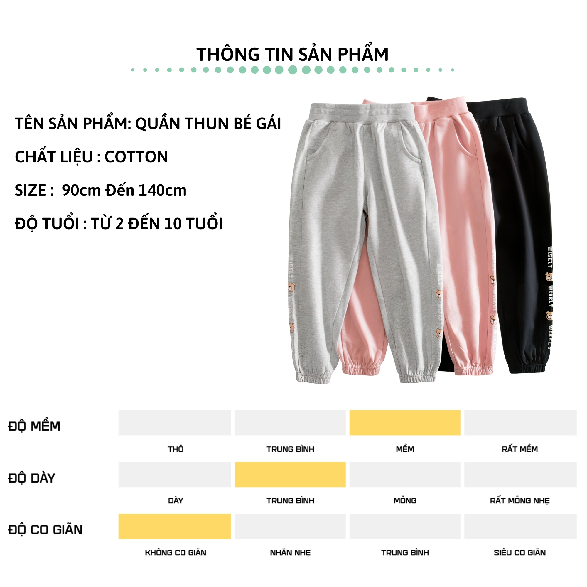 Quần thun dài bé gái 27Kids 27Home Quần thu đông nữ 100% Cotton cho trẻ từ 2-10 tuổi GLPE3