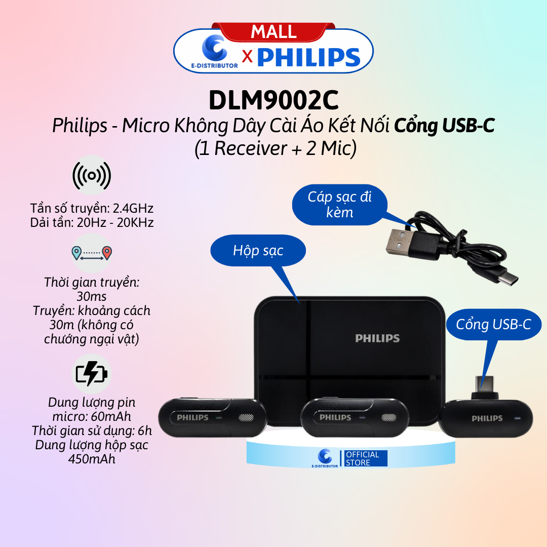 Micro không dây cài áo Philips kết nối cổng Lighting DLM9002L / cổng USB-C DLM9002C (1Receiver + 2Mic) - Hàng Chính Hãng
