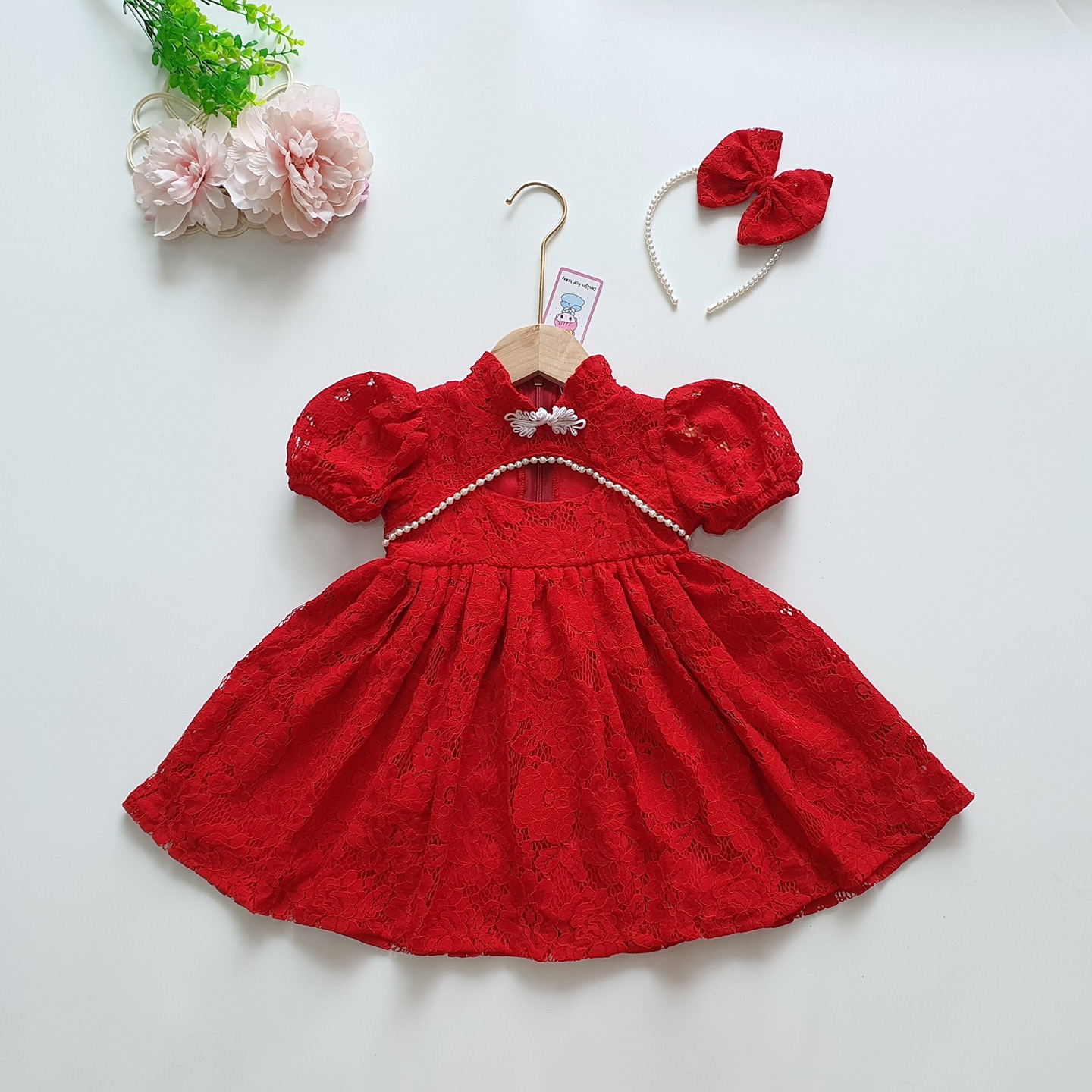 Váy Đỏ Ren Cổ Tàu Cho Bé Gái 4 - 18kg Tay Ngắn Xinh Xắn