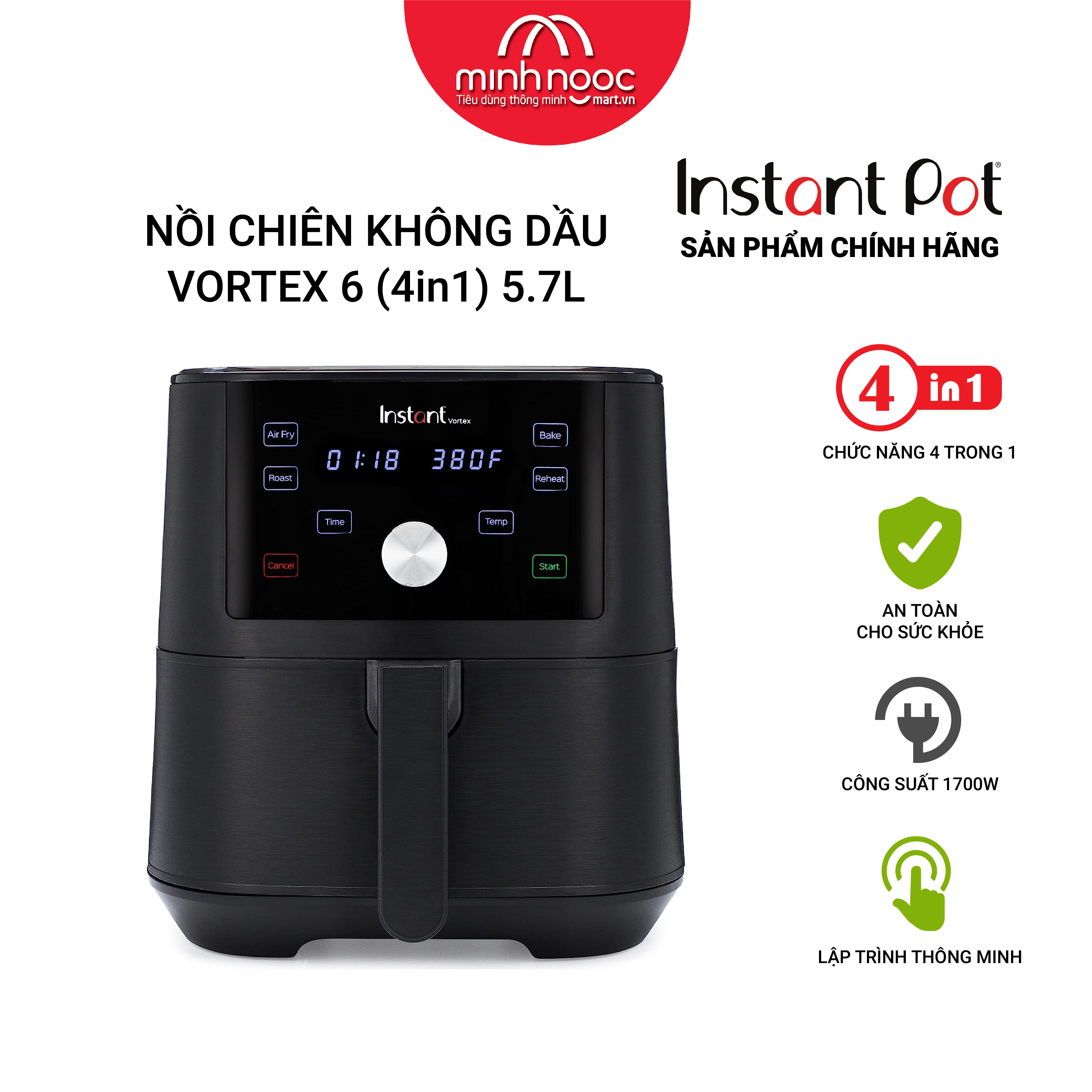 Nồi chiên không dầu Instant Vortex, Dung tích 5,7 lít, 4 chức năng trong 1 nồi