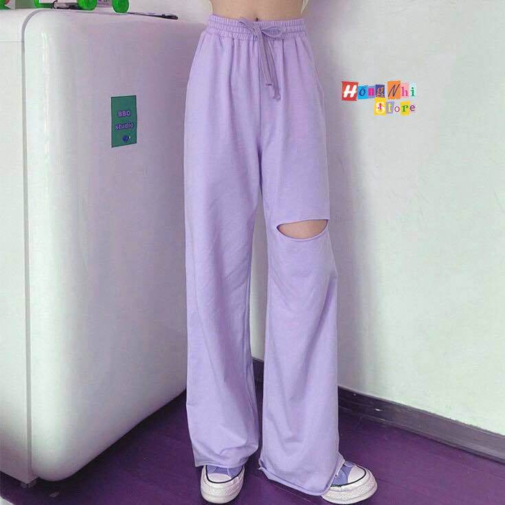 Quần Ống Rộng Rách Gối Màu Tím Lưng Thun Culottes Ulzzang Unisex - MM