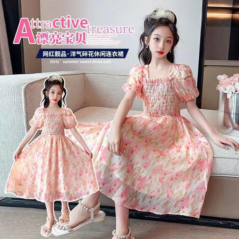 SHUANGYAN Cô gái váy mùa hè phong cách phương Tây 2023 Big Boy mùa hè váy chiffon mùa hè cô gái mảnh hoa mối tình đầu váy