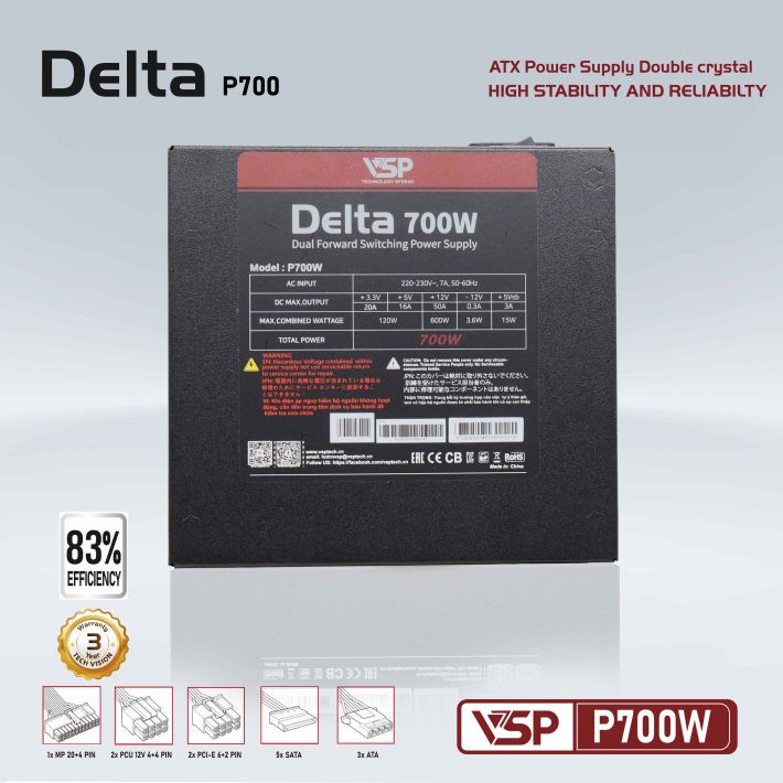 Nguồn máy tính VSP 700W Delta P700W ATX Công suất thực - Hàng chính hãng VSP phân phối