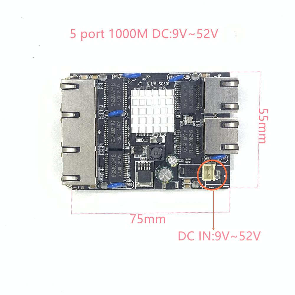 10/100/1000m 5 Cổng Gigabit Ethernet Công tắc tích hợp Mô-đun DC 5V 12V16V 18V 24V36V48V 1A-3A trong Công tắc Ethernet công nghiệp