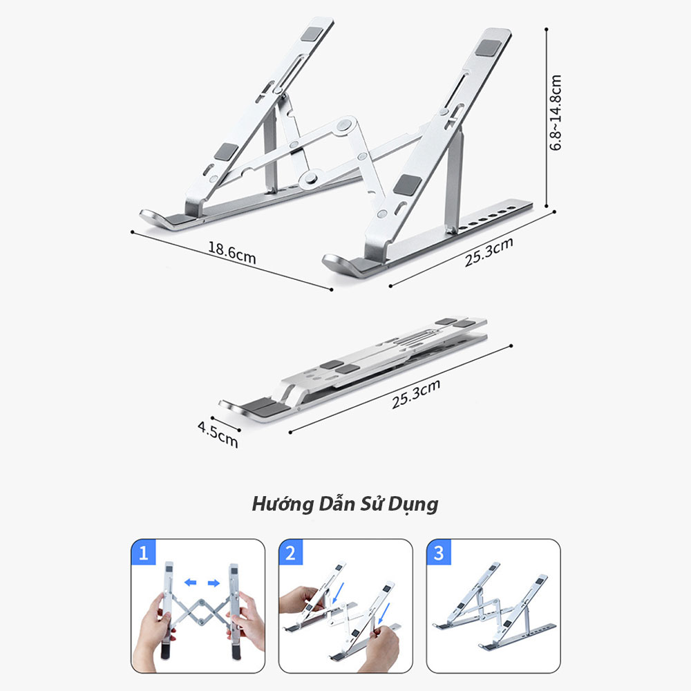 Giá Đỡ Laptop Nhôm Gấp Gọn, Laptop Stand Dùng Cho Máy Từ 11~17 inch, Có Thể Điều Chỉnh Nhiều Mức Độ Cao, Chất Liệu Hợp Kim Nhôm Cao Cấp