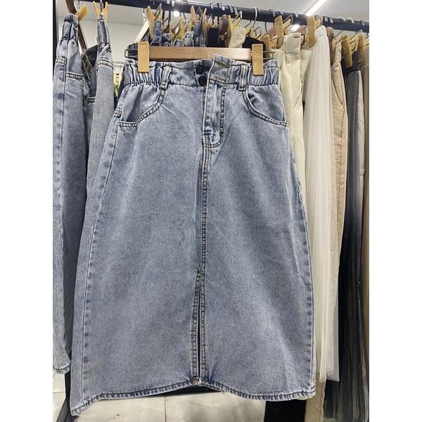 Chân váy jeans 2 cúc xẻ trước - cạp bo chun
