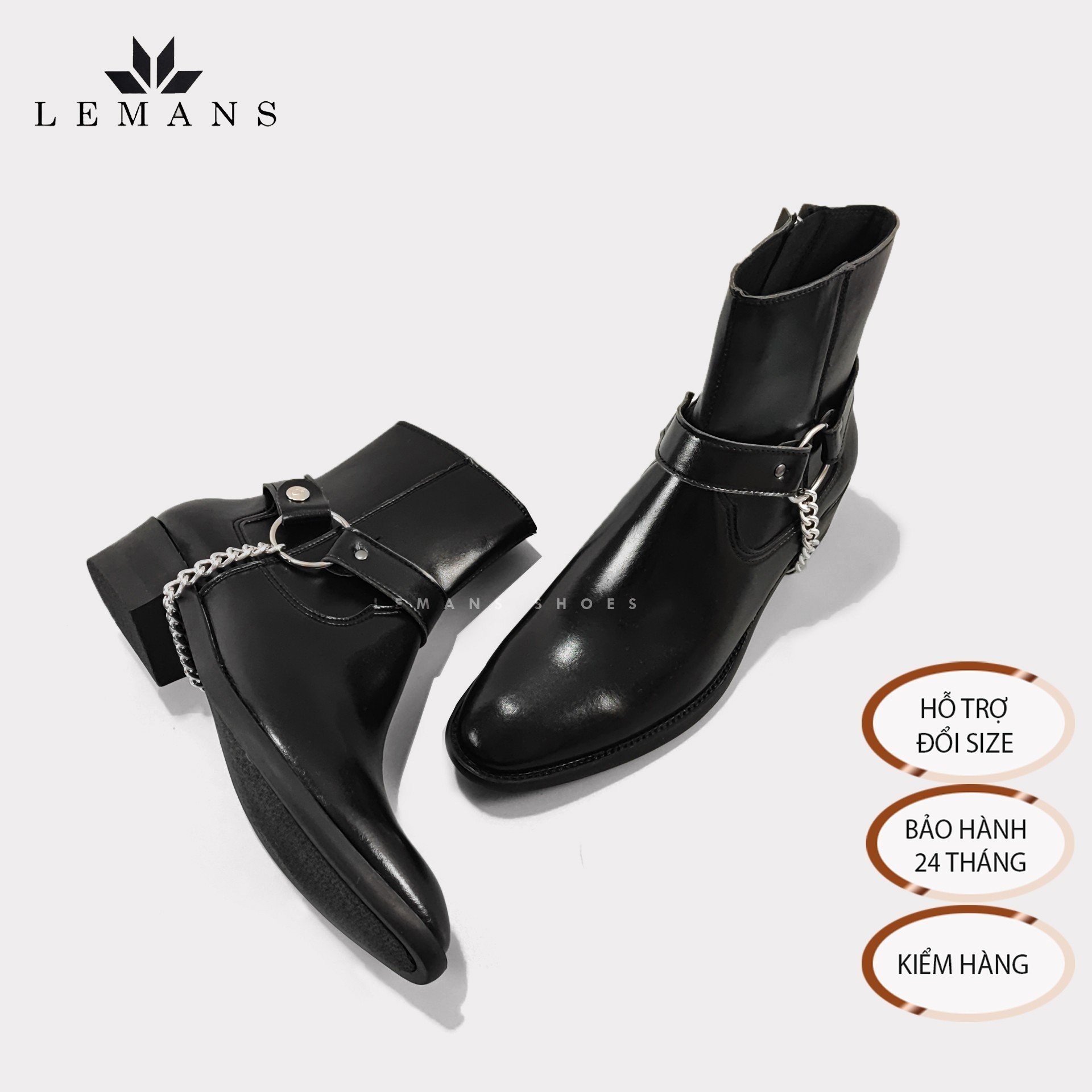 Giày da bò Zip Boots Black LeMans ZB01B, phối đai xích tạo thành 3 đôi Harness, bảo hành 24 tháng