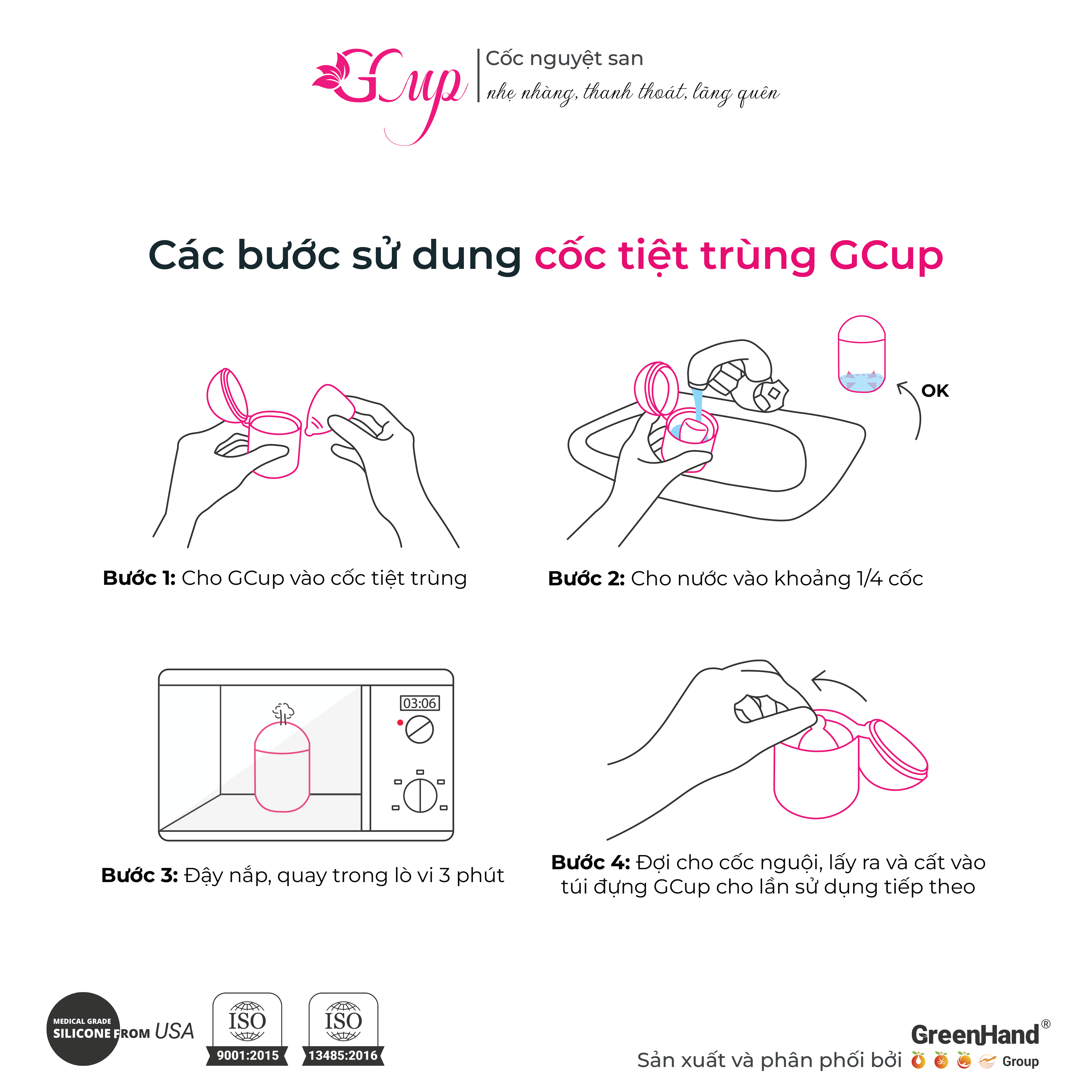 Combo 2 Cốc Nguyệt San, túi vải, cốc tiệt trùng GCup - Silicone y tế, đạt tiêu chuẩn kép ISO 13485 Quốc Tế và FDA Hoa Kỳ