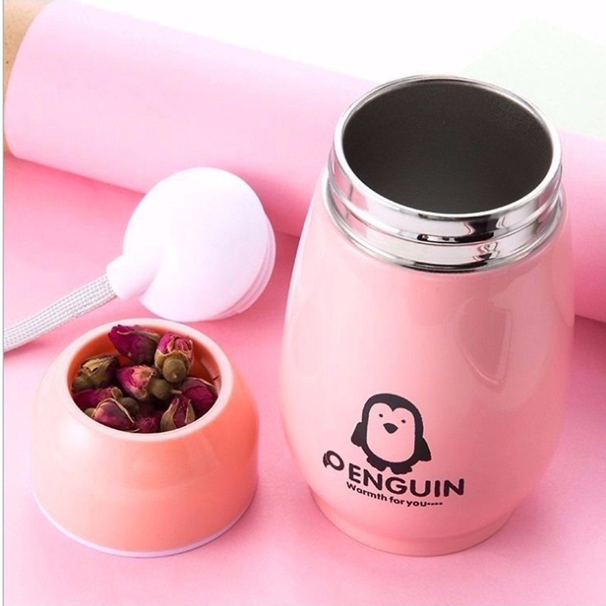 Bình đựng nước, bình ủ cháo giữ nhiệt ruột inox vỏ nhựa hình chim cánh cụt dễ thương, nhỏ gọn tiện lợi