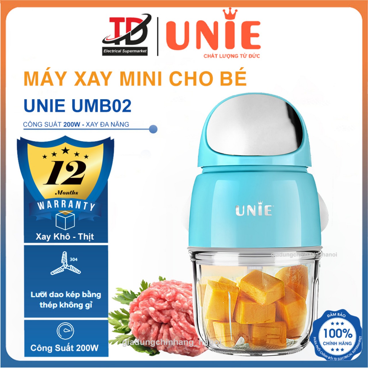 Máy Xay Mini Unie UMB02, Lưỡi Dao 6 Cánh, Cối Thủy Tinh Cao Cấp, Hàng Chính Hãng