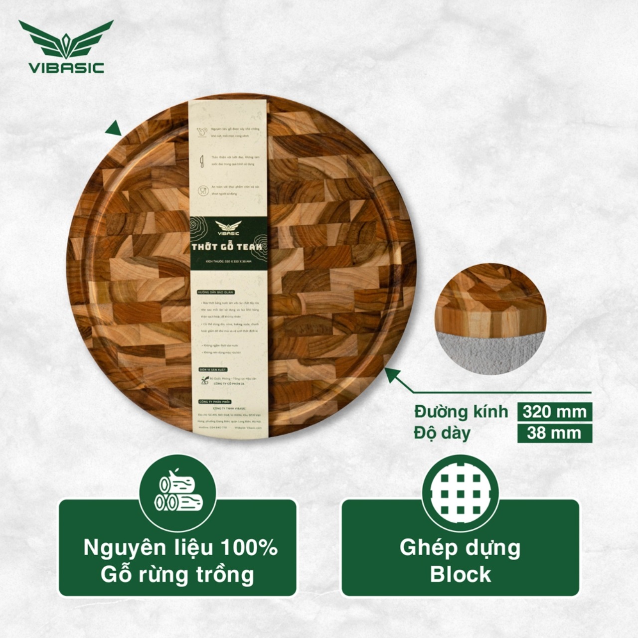 Thớt Chặt Gỗ Teak Vibasic ghép dựng block, kích thước 320x38mm, thớt tròn - Hàng chính hãng Bộ Quốc Phòng